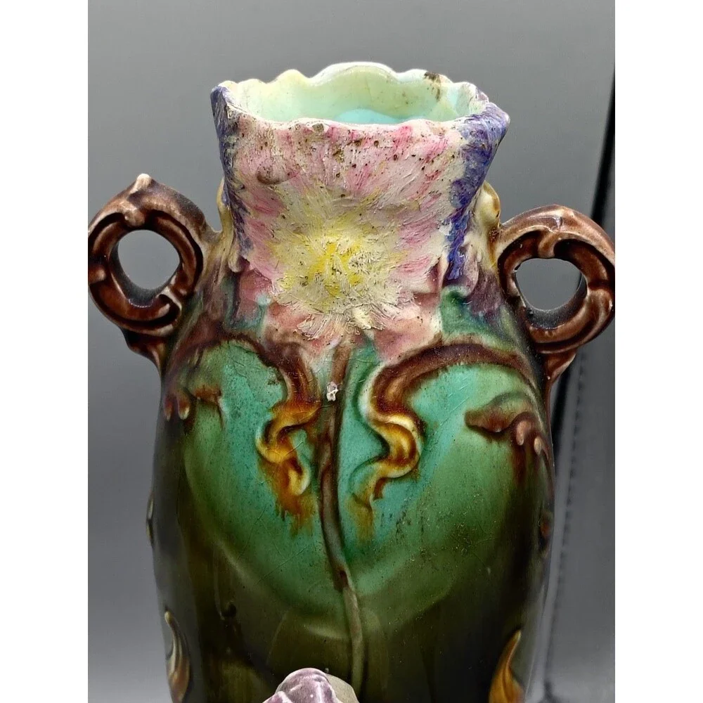2-antique 1890's ~MAJOLICA old Victorian-era HAND-PAINTED vases. Ladies Arm Brok